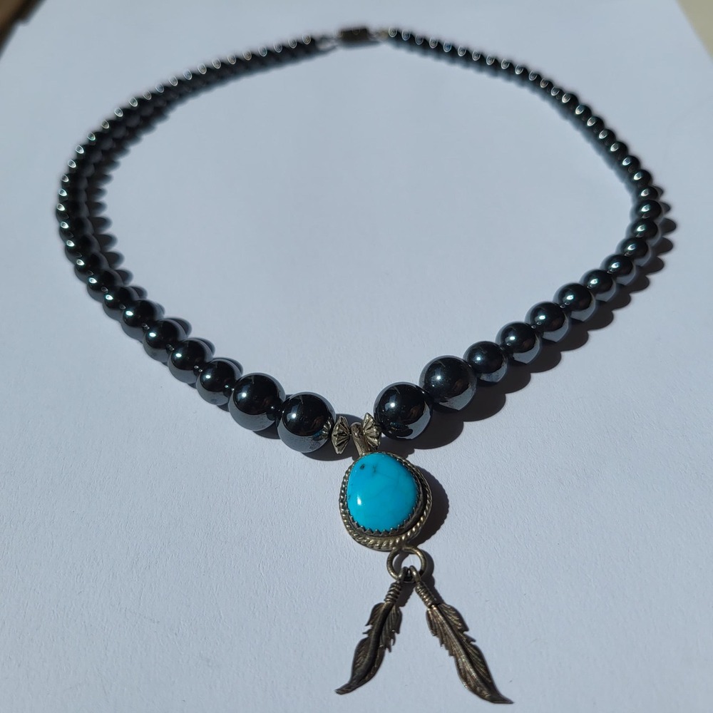 925 Sterling Silver Turquoise Hematite Bead Feather Necklace Vintage